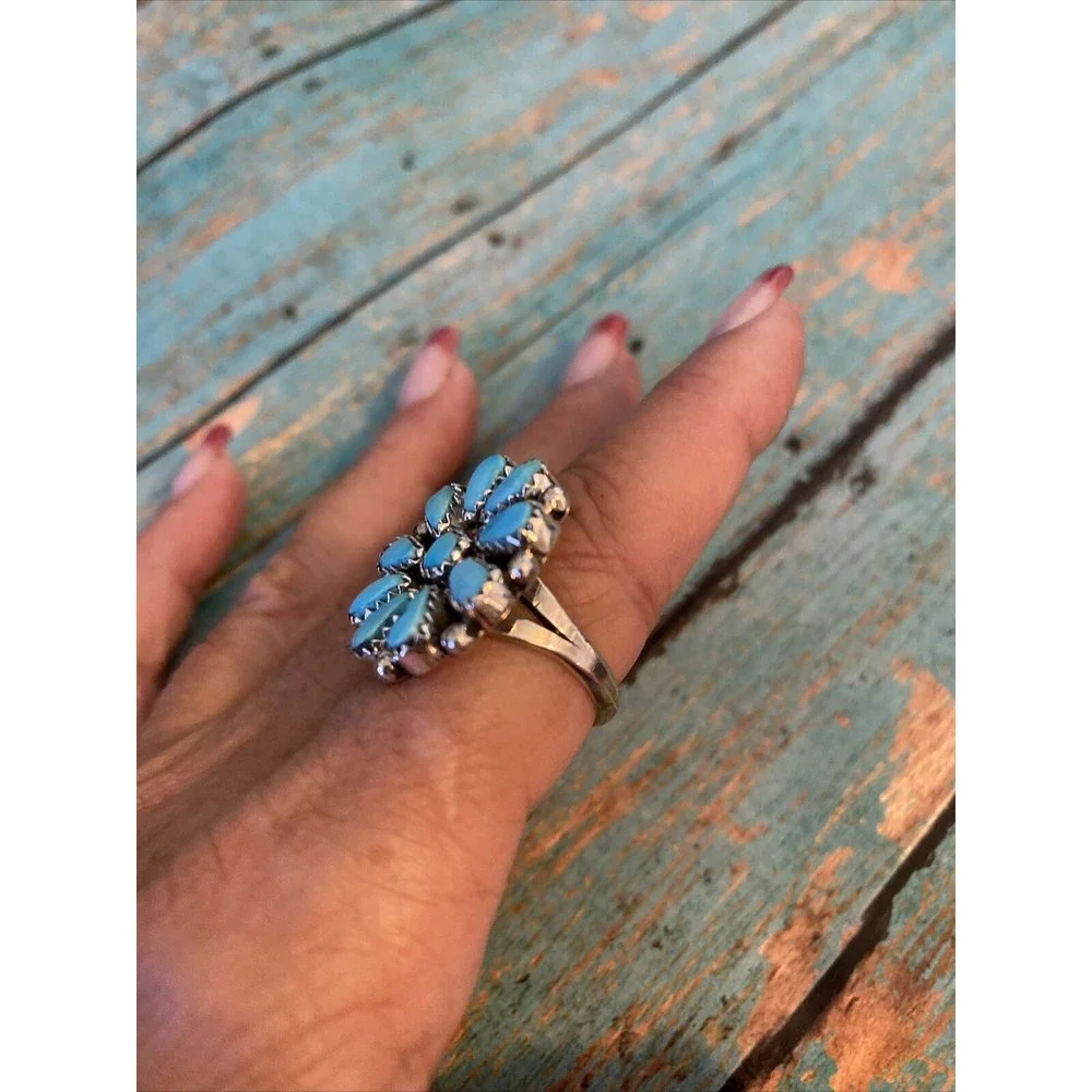 Navajo Sterling Silver Turquoise Cluster Ring - Picture 2 of 8